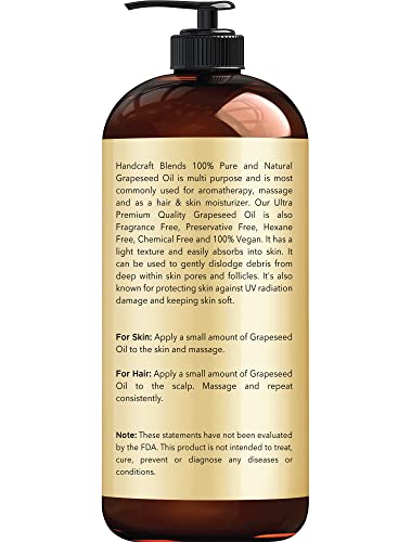 Handcraft Blends Cold-Pressed Grapeseed Oil 16 Fl Oz Hexane-Free for Skin and Hair Massage  
Handcraft Blends Cold-Press