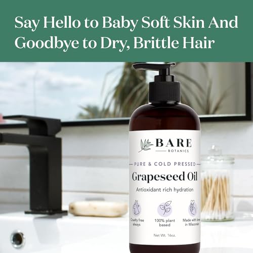BARE BOTANICS 100% Pure Grapeseed Body Oil 16 oz for Hydrating Dry Skin, Hair & Body - Cold Pressed & Natural Multipurpo