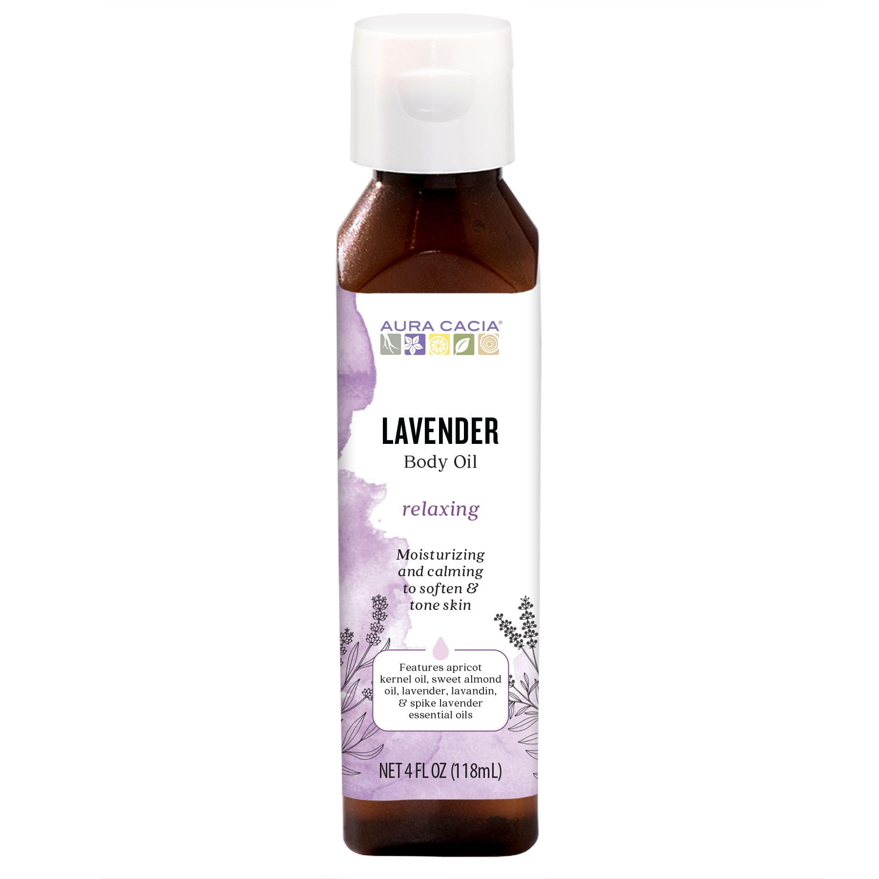 Aura Cacia Relaxing Lavender Body Oil for Stress Relief, Spa-Quality Massage, Nighttime Relaxation, 4 Fl. Oz.