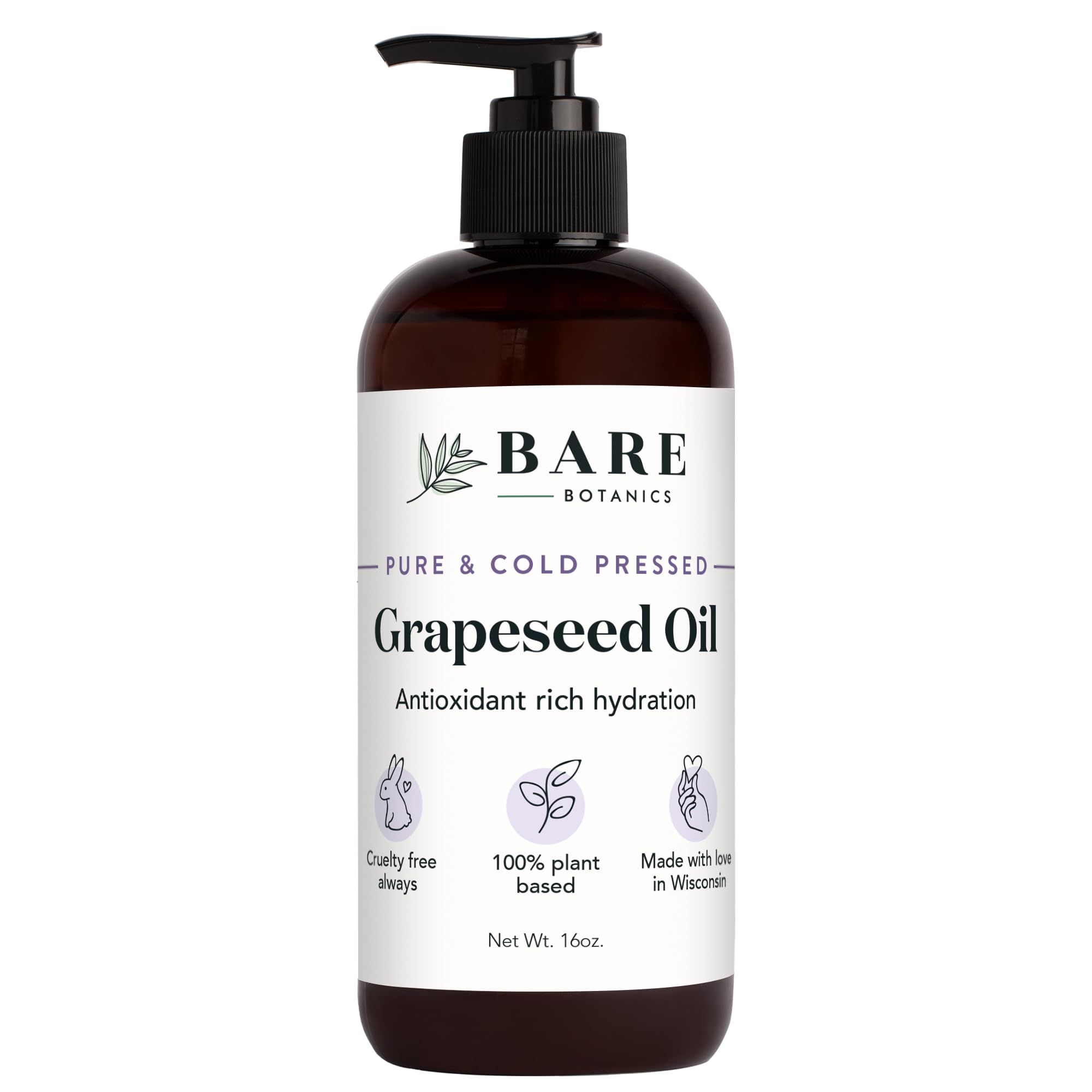 BARE BOTANICS 100% Pure Grapeseed Body Oil 16 oz for Hydrating Dry Skin, Hair & Body - Cold Pressed & Natural Multipurpo