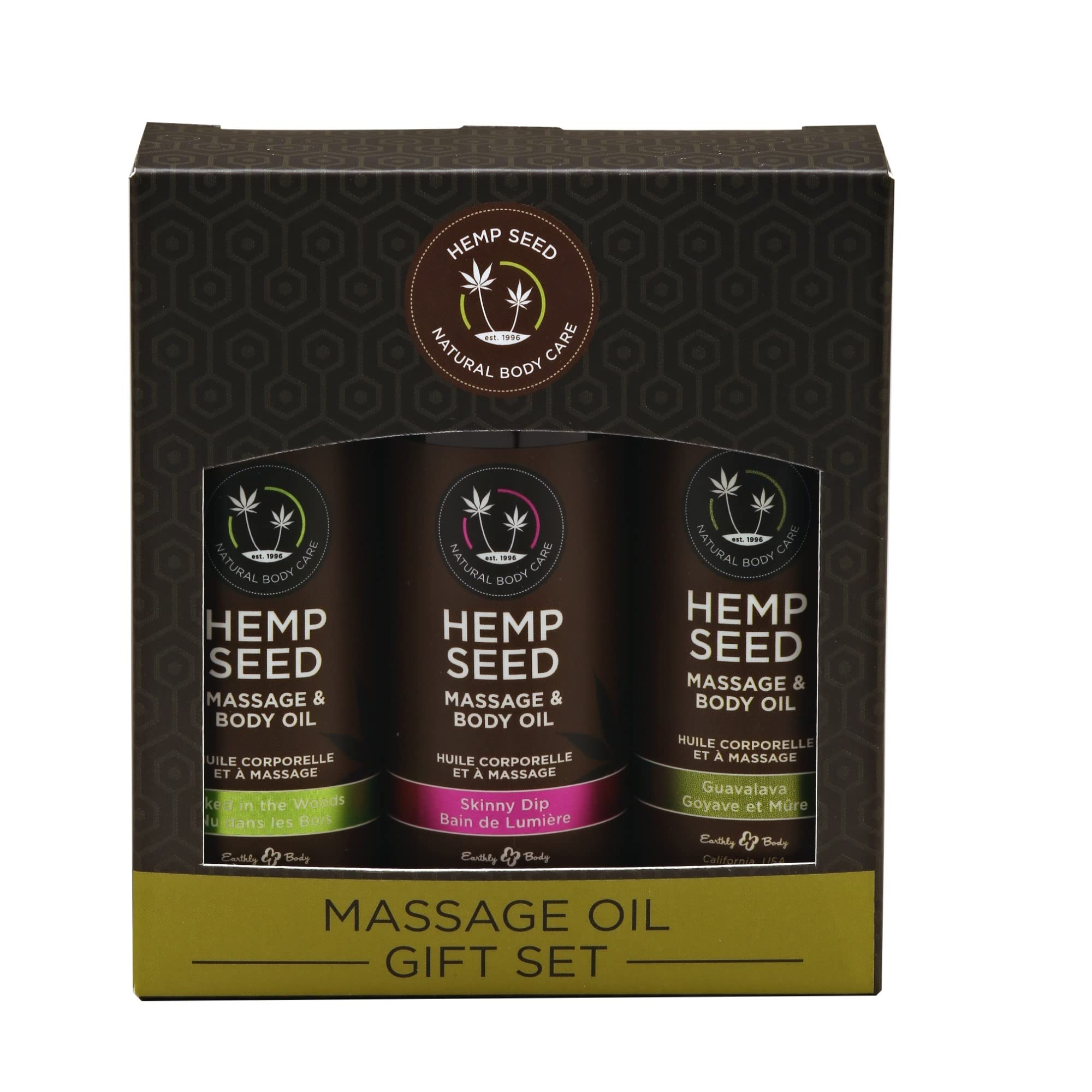Hemp Seed Massage & Body Oil Gift Set - Vegan & Cruelty Free - Naked in The Woods, Skinny Dip & Guavalava Scents - 2 oz
