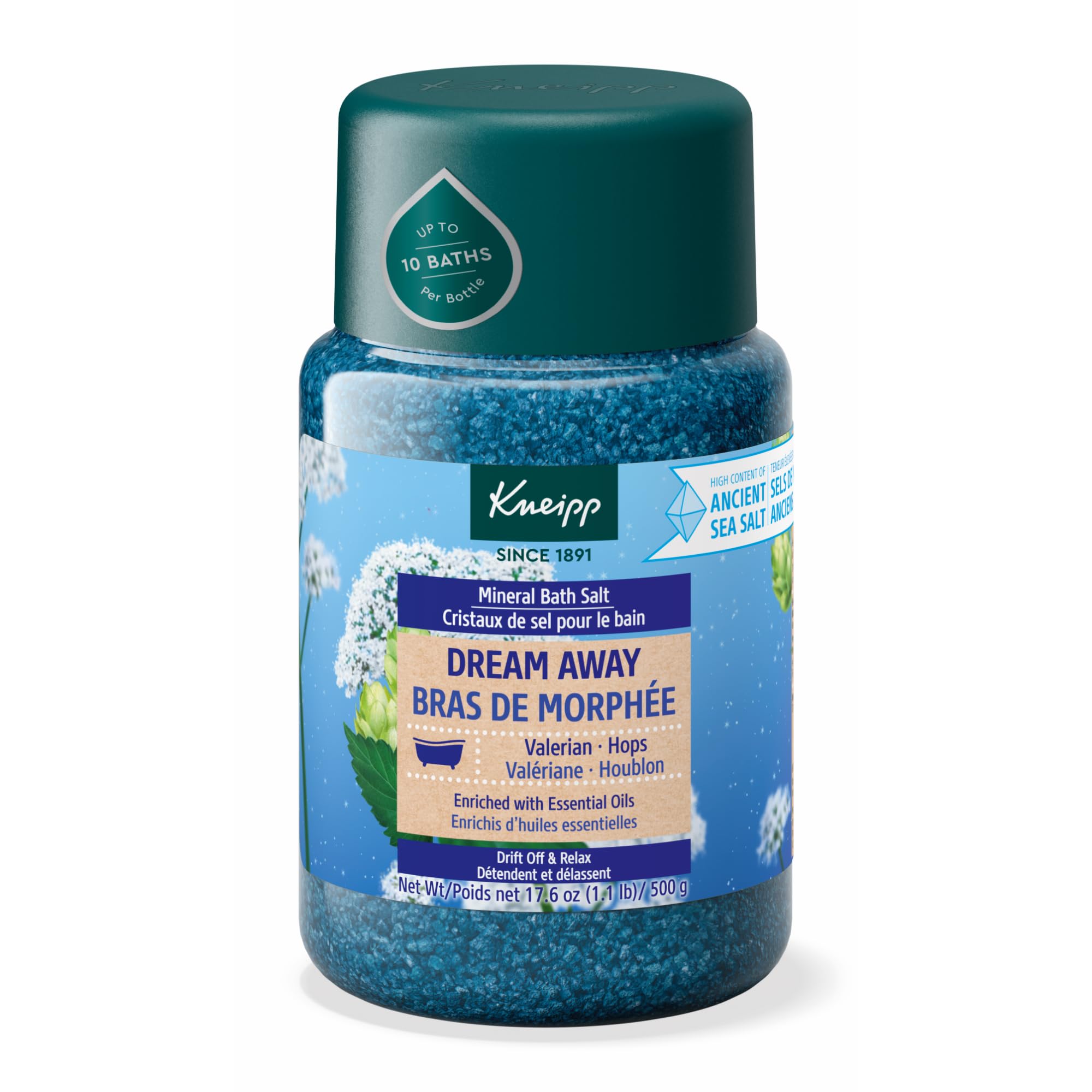 Kneipp Dream Away Mineral Bath Salt with Valerian & Hops - Soothing Bedtime Bath for Relaxation - 17.6 oz - Deep Sleep S